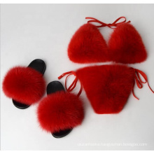 New Fashion Women's Real Fox Fur Bikini Bra Slippers Summer Beach Underwear Detachable Thick Fluffy Genuine Fur Bikini Set